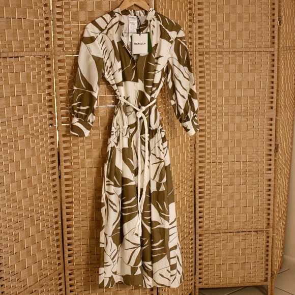 NWT Marella Spring 2024 Patterned Dress Long Tie Waist Olive - Picture 1 of 8